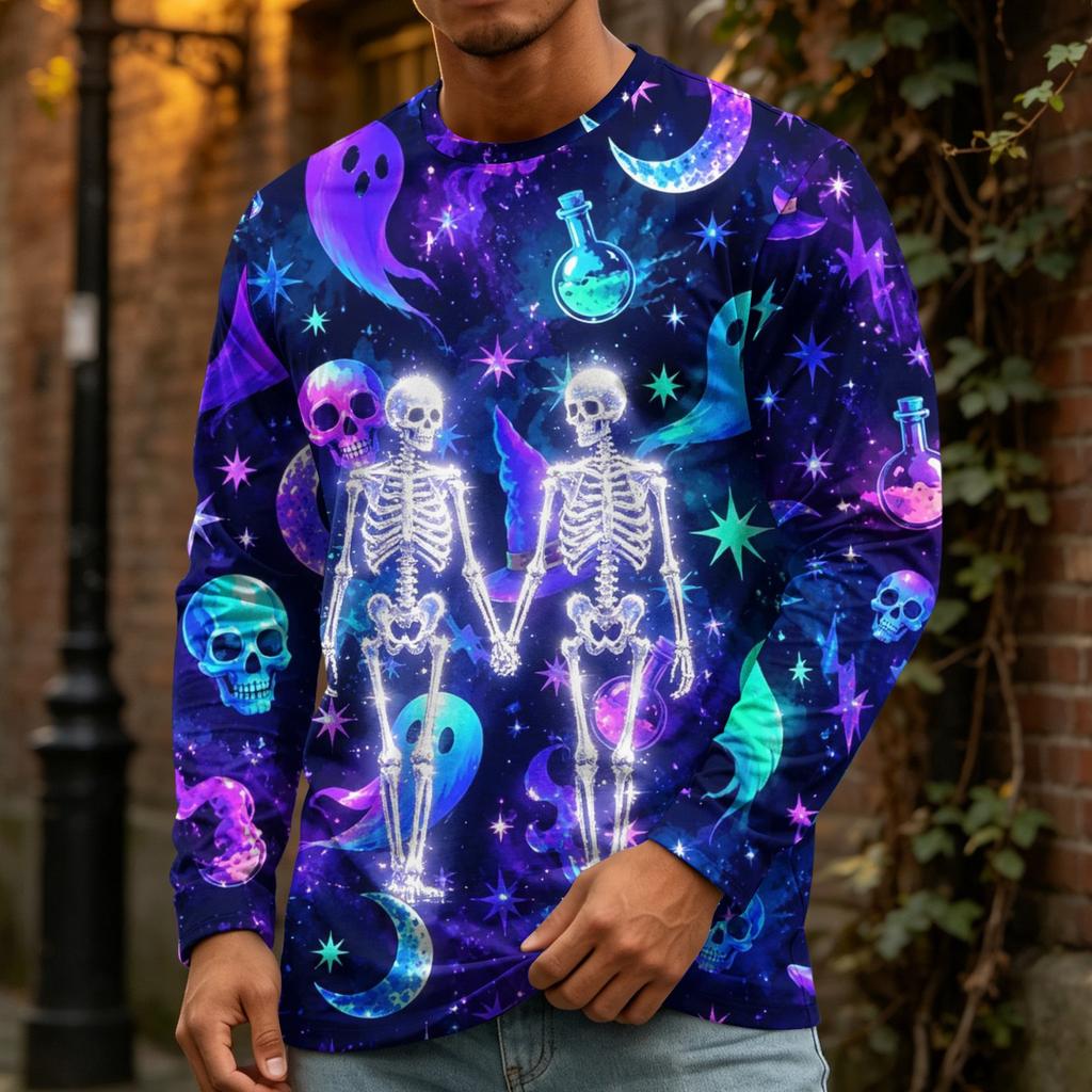 Men's Halloween Print Long Sleeve Neck T-Shirt Loose Fit Casual Top