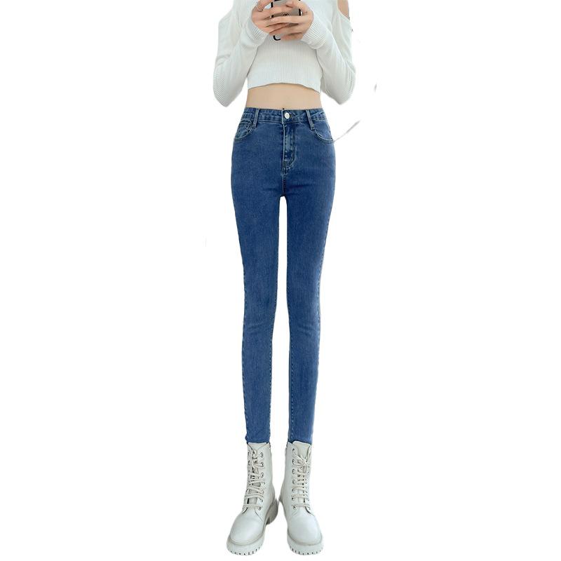 Women's High-Waist Skinny Denim Jeans - Dark Blue, Elastic, Plus Velvet, Spring 2024 Fashion.