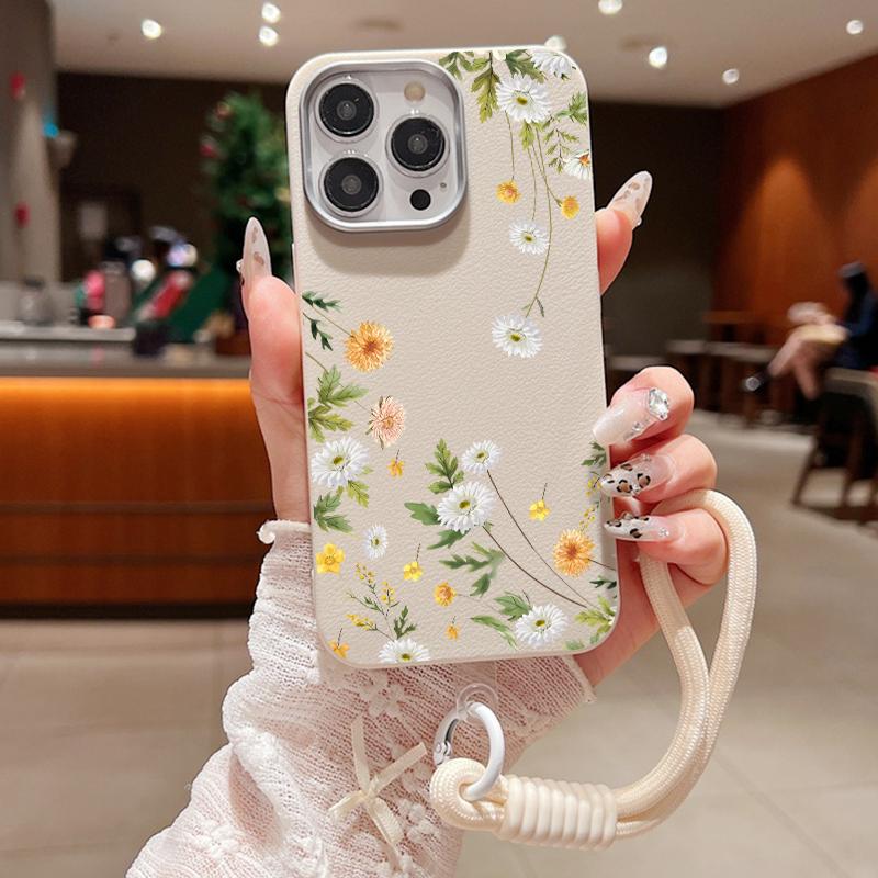 

Тонкий мягкий чехол-ремешок с цветочным узором для iPhone 16 Pro 15 Pro Max 14 13 12 11, матовая кожаная текстура TPU, противоударный чехол-бампер iPhone 11 белый/бежевый