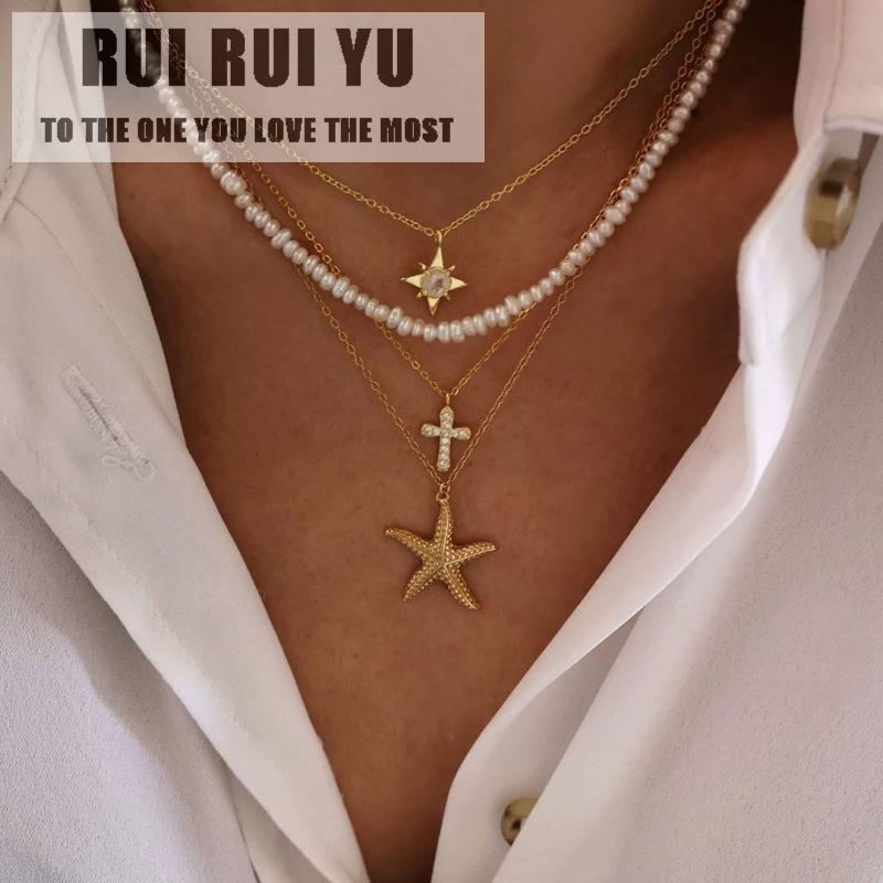 

Женское ожерелье RUI RUI YU, 4-слойное ожерелье с подвеской в ​​виде морской звезды и жемчуга с бриллиантами