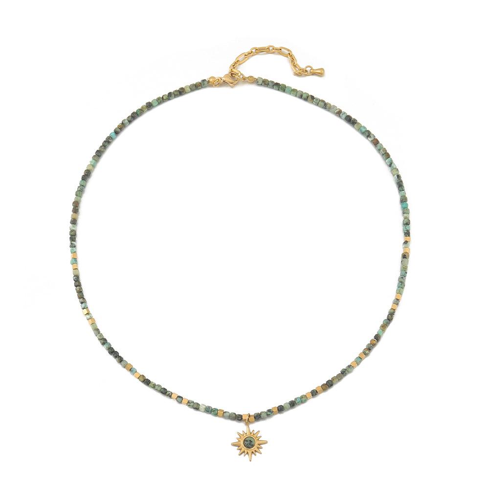 European and American retro natural blue apatite handmade beaded titanium steel necklace pendant natural turquoise collarbone chain