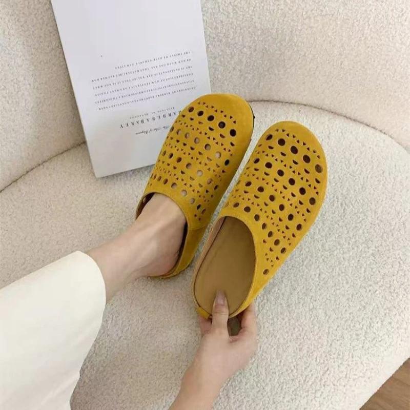 Women's Fashion Round Head Deep Mouth Cow Suede Hollow Breathable Soft Sole Anti-slip Wear-resistant Flat Slippers