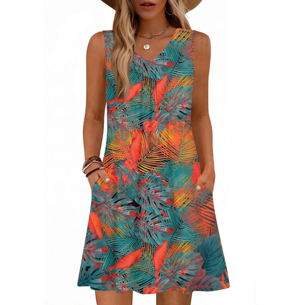 Women's Fashion Printed Summer Sleeveless V-neck Tank Top Pocket Casual Loose Dress