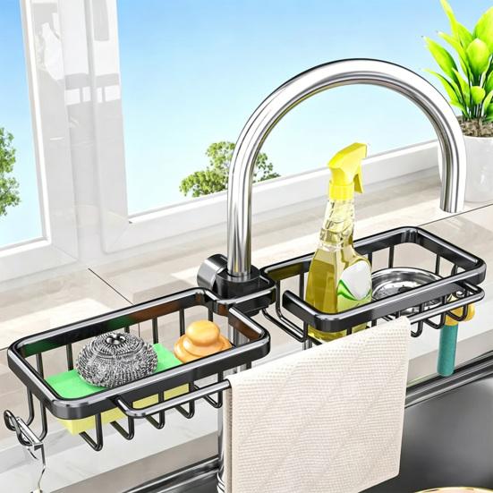 Sink Storage Rack with Hollow Design Basket 360° Rotatable Rustproof Kitchen Faucet Organizer for Sponges Brushes Cleaning Tools