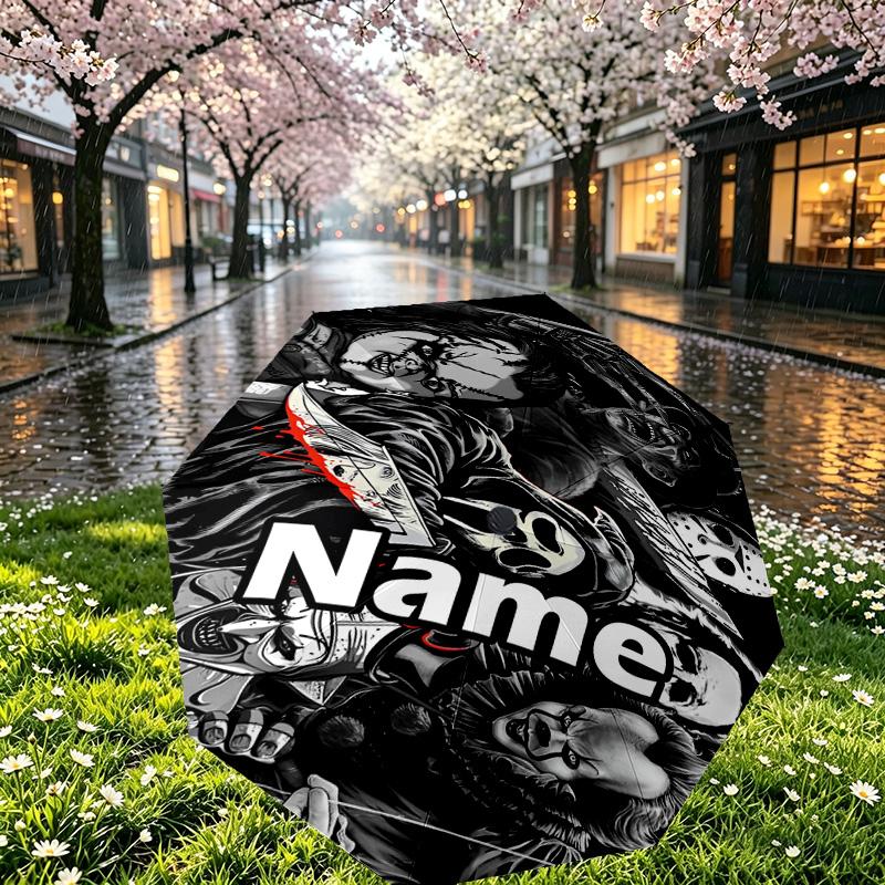 Custom Name Personalized horror movie Print Umbrella, Auto Open Close, 8‑Rib Sturdy Frame, Commute Camping Hiking Use, Birthday Gift