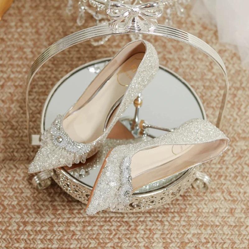 Fashion Luxury Crystal Tassels Bride Shoes for Women Pointed Toe Thin Heels Shiny Pumps Woman Slip-On Rhinestones High Heel Shoes