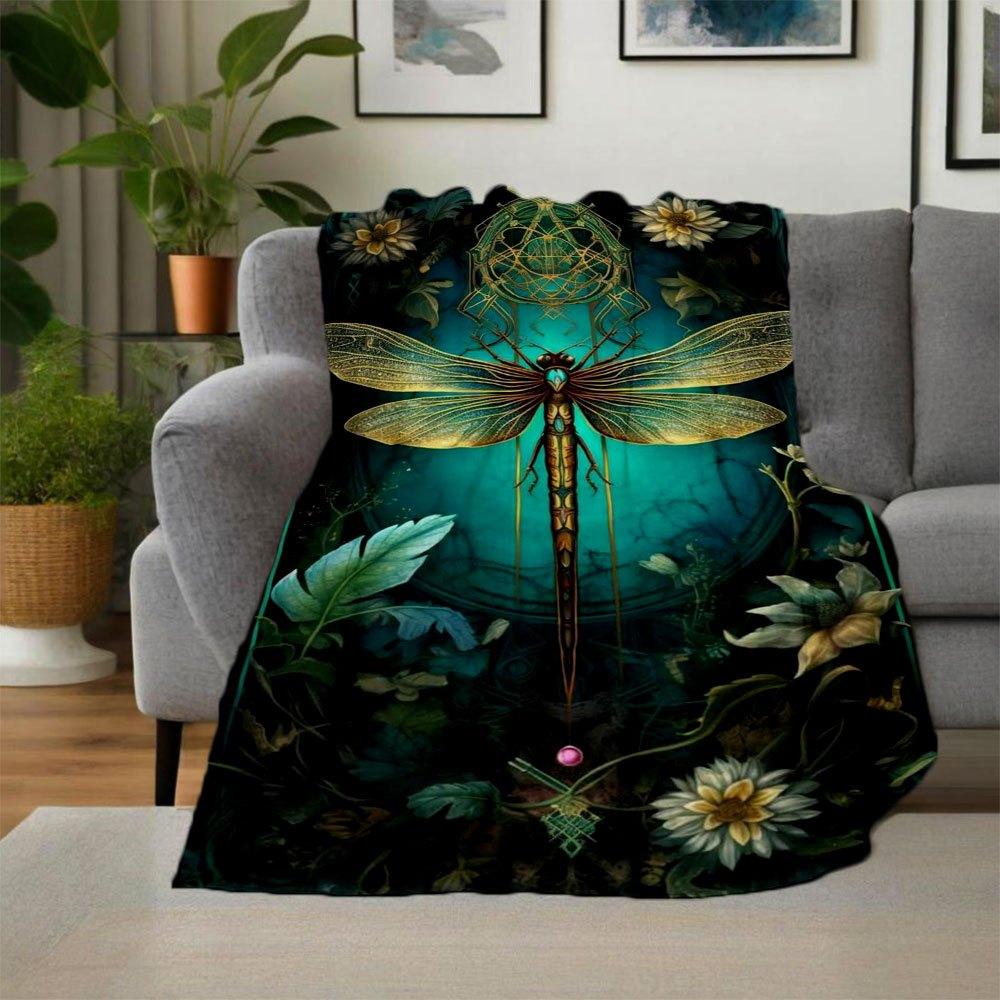 "Golden Dragonfly Fantasy Art Print - Nature's Beauty on Canvas"Blanket Flannel Throw Blanket for Sofa, Bed, Travel, Camping, Office, Couch,