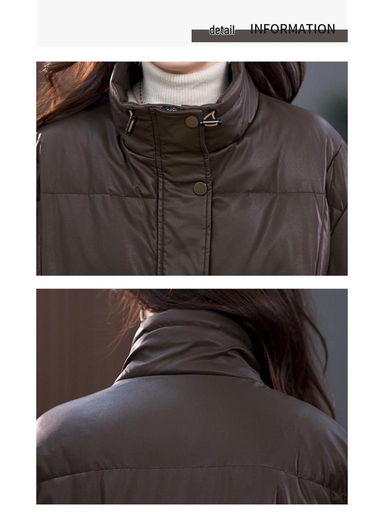 Women's PU Leather Plus Size Mid-Aged Winter Down Jacket 2024 - White Duck Down Thick Long Coat