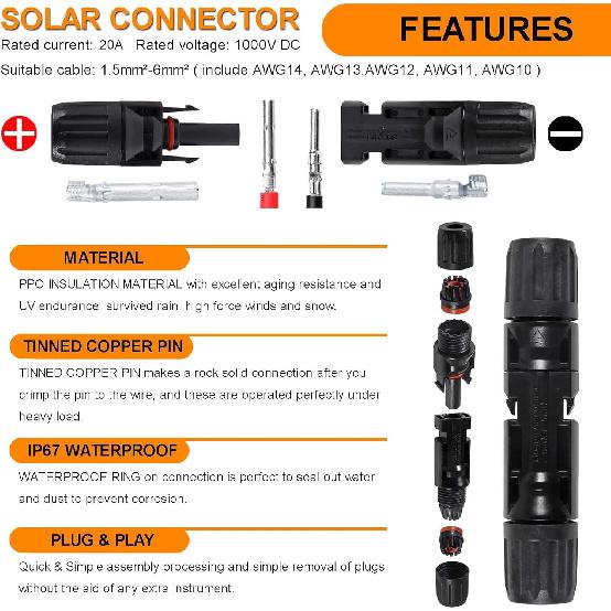 4 Pairs Solar Connector Y Branch Parallel Adapter Cable Wire Plug 2 to 1 Male Female Connectors (M/FF, F/MM) for Solar Panel with PV Cable Clips