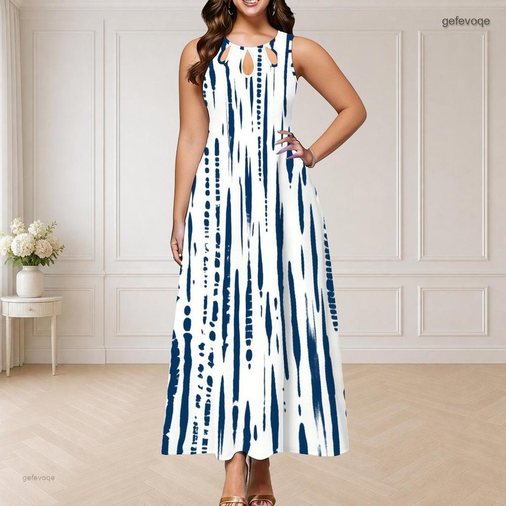 Women Plus Size Sleeveless Round Neck Triple Keyhole Cutout Printed White Navy Blue Long Dress
