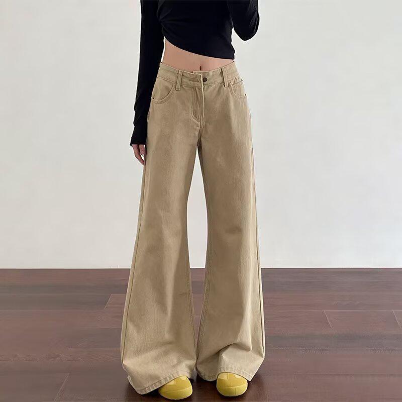 Khaki Low-Rise Micro-Flare American Style Jeans for Women: Autumn/Winter Hip-Covering Slimming Straight-Leg Wide-Leg Pants. 2XL