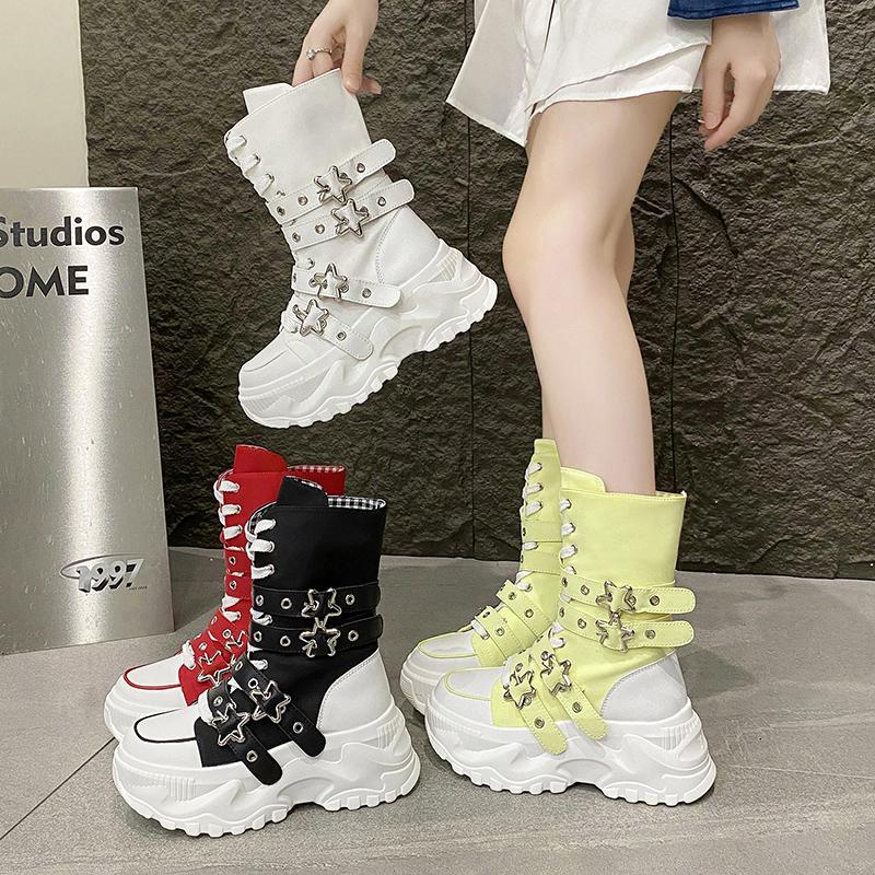 Fashion Rock Shoes Woman Luxury Designer Flat Heel Boots-Women Round Toe Fashion 2025 Ladies Autumn Med Ankle Slip-On Cotton Fabric