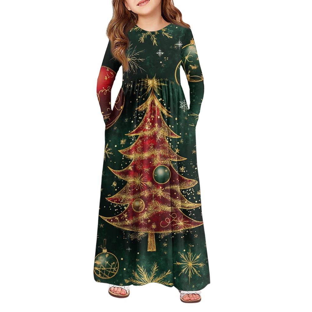 Rochie Maxi pentru Fete - Rochie cu Mânecă Lungă și Buzunare Zi de Crăciun