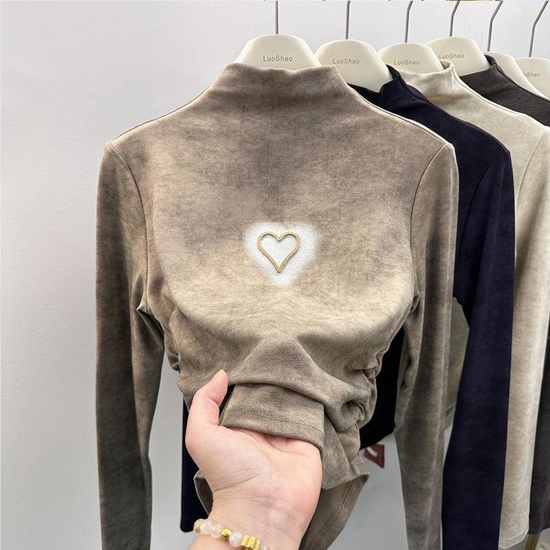 

Женская футболка с длинным рукавом и полувысоким воротником из немецкого бархата с принтом тай-дай, новая осенне-зимняя приталенная дофаминовая базовая футболка S хаки