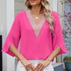 Spring Summer Solid Color V-neck Medium Sleeve Loose Chiffon Women's Shirt