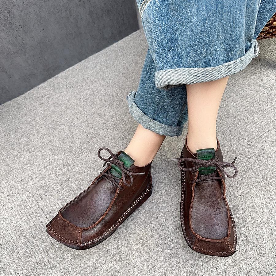 Johnature Square Toe Short Boots Genuine Leather Lace-up Retro Versatile Women Soft Sole Flat Shoes