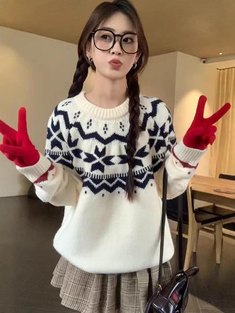 2026 Women's Fair Isle Wool Sweater Pullover, Round Neck, Age-Reducing Academic Style, Thick Base Layer, Pairs with JK.