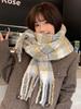 Women Winter Knit Scarf Headscarf Lady Preppy Retro Plaid Print Tassel Warm Scarve Foulard Wrap Shawl Fashion Casual New Korean