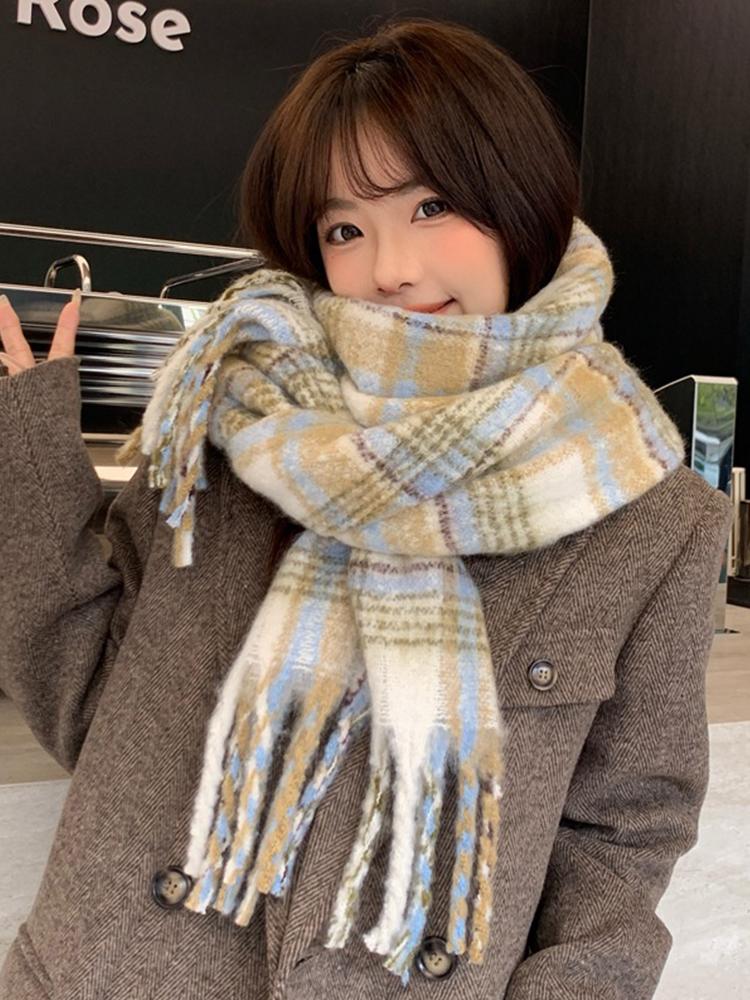 Women Winter Knit Scarf Headscarf Lady Preppy Retro Plaid Print Tassel Warm Scarve Foulard Wrap Shawl Fashion Casual New Korean