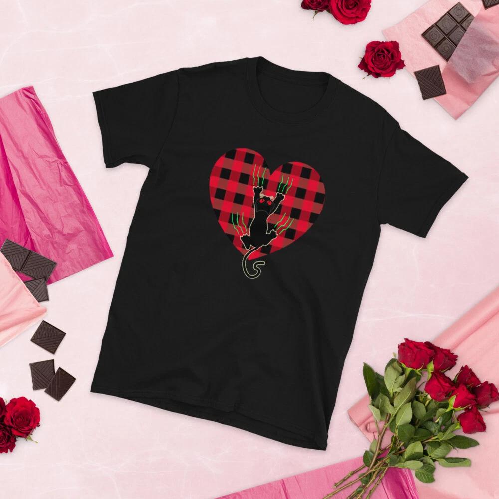 Cute Black Cat Valentines Day Heart Lumberjack Plaid T-Shirt M