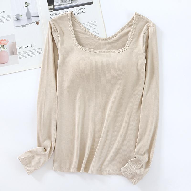Women's Square Neck Long Sleeve Top with Built-in Bra Pads - Slim Fit for Early Autumn/Spring/Winter