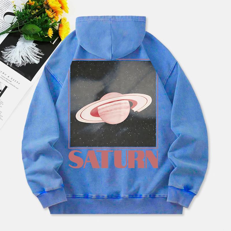 Saturn Washed Hoodies Women Retro Planet Prints Cotton Streetwears Comfortable Pocket Oversized Womans Clothes