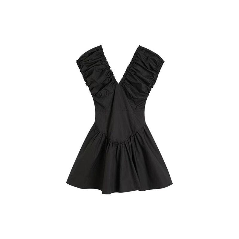 Black French Pleated V-neck Backless Dress Women's Summer Niche Design Waist Pure Pleated Skirt