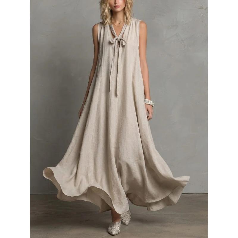 QICED Fashion Summer Spring Solid Color Print Sleeveless V-Neck Casual Dresses