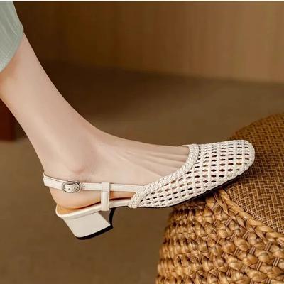 French Shallow Women's Sandals Summer New Mesh Hole Office Career Shoes Hollow Buckle Strap Roman  Mid Thick Heel  Sandalias