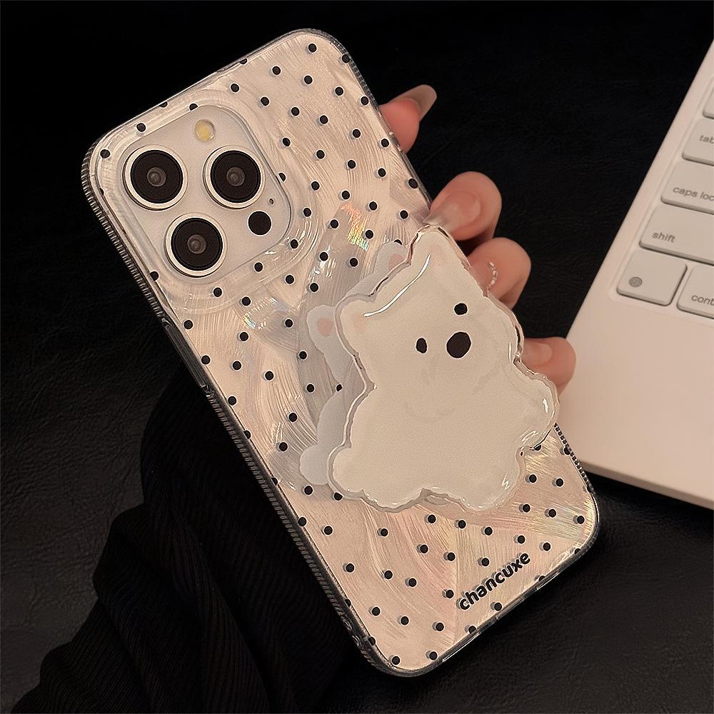Silver Polka Dot Phone Case with Cute Dog Stand
