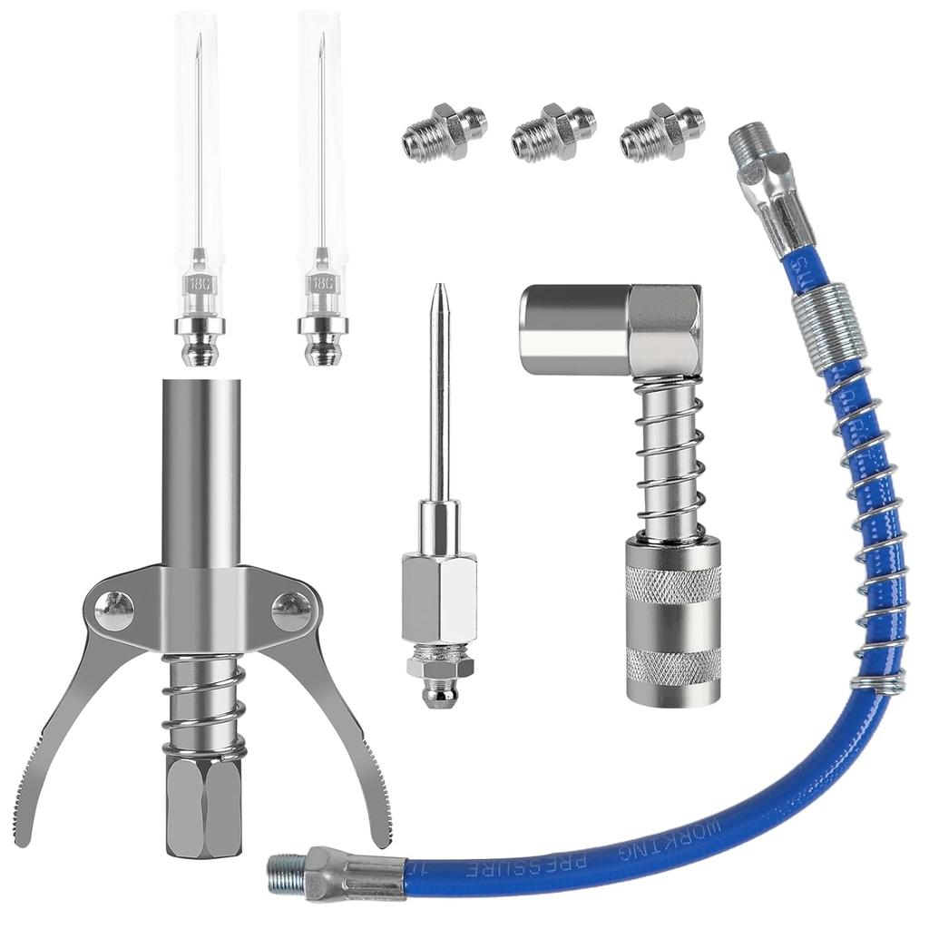 9PCS Grease Accessory Kit, Grease Coupler With Double Handles Coupler,90°Grease Coupler Adapter,Recessed Fitting Adapter,2 Needle Nozzles,3 Zerk