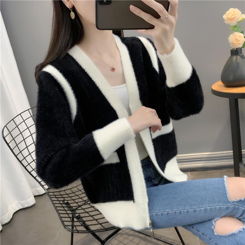 

Осенне-зимний воротник из искусственной норки с инкрустацией из цветного бархата, вязаный кардиган, свитер, женское пальто, цветная инкрустация, молния с V-образным вырезом, повседневный, модный one size чёрный