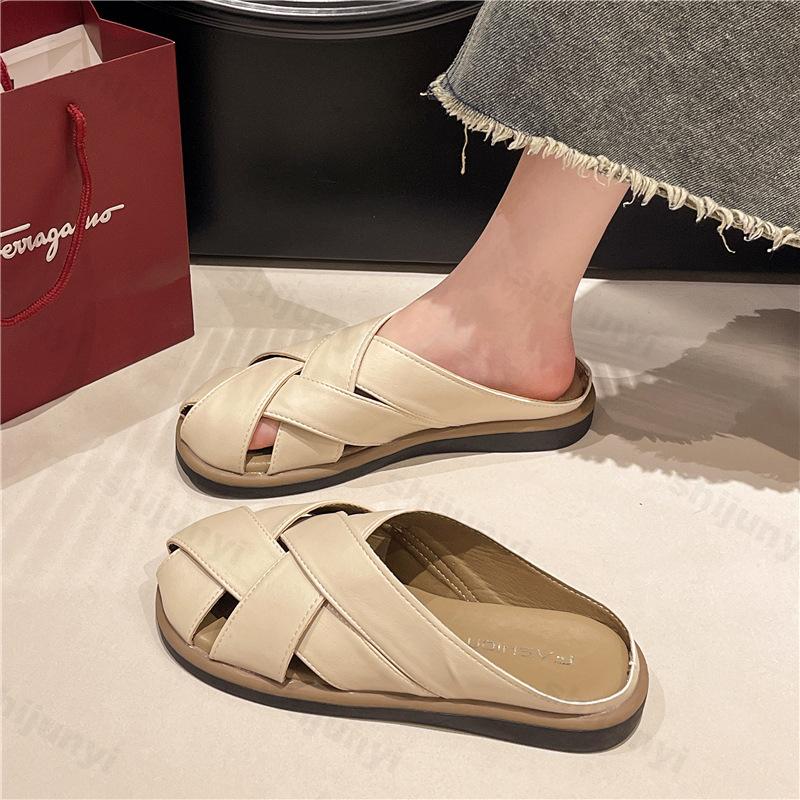 Fashion Women's Half Slippers Summer Closed Toe Woven Hollow Out Mules Shoes Retro Outdoor Leisure Flat Beach Sandals Sandalias De Mujer