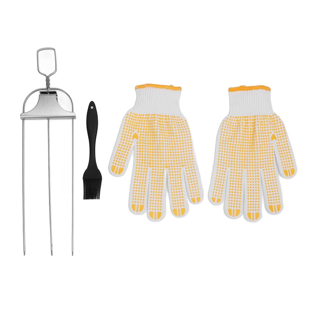 Stainless Steel Skewer Set 3 Prong Barbecue Fork Oil Brush and Gloves for Grilling Meat Chicken