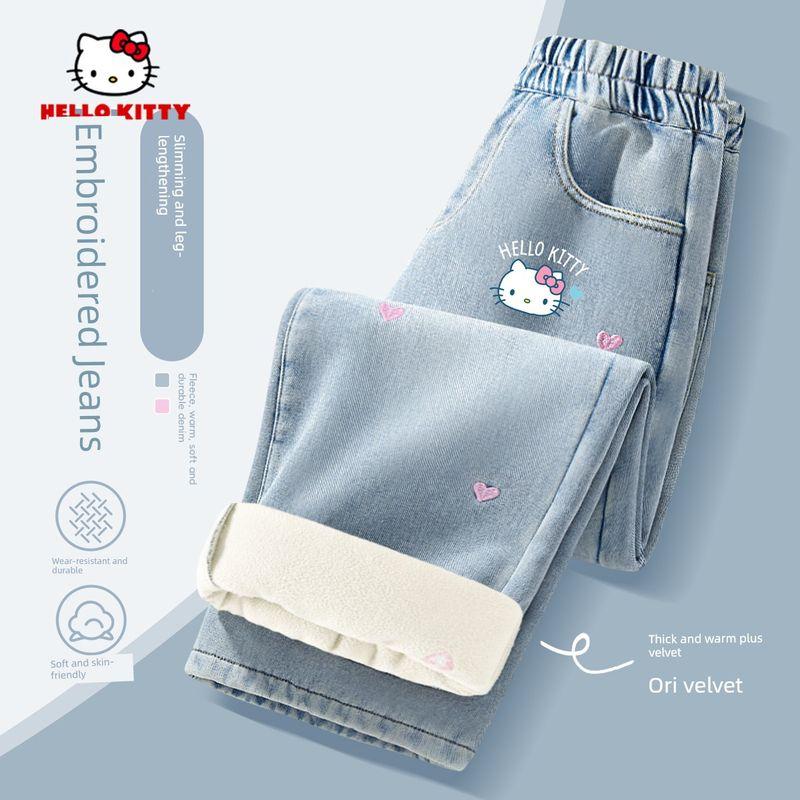Hellokitty Girls' Fleece-Lined Jeans, Autumn and Winter Integrated Fleece Embroidered Straight-Leg Pants, Stylish Children's Thickened Pants