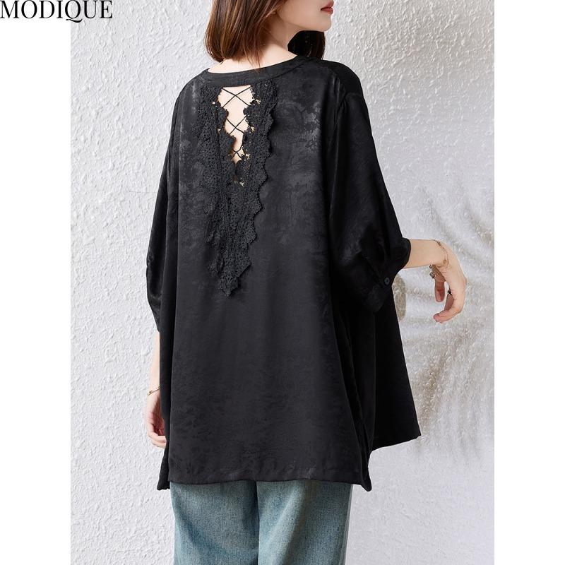 MODIQUE Spring Summer Plus Size New Women Black Loose Vintage Solid Blouse Shirts Female Casual Oversize Short Sleeve O-Neck Top