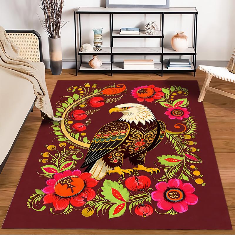 Eagle and Floral Pattern Carpet with Vibrant Red and Colorful Design Suitable for use as an anti-slip for living room bedroom sofas
