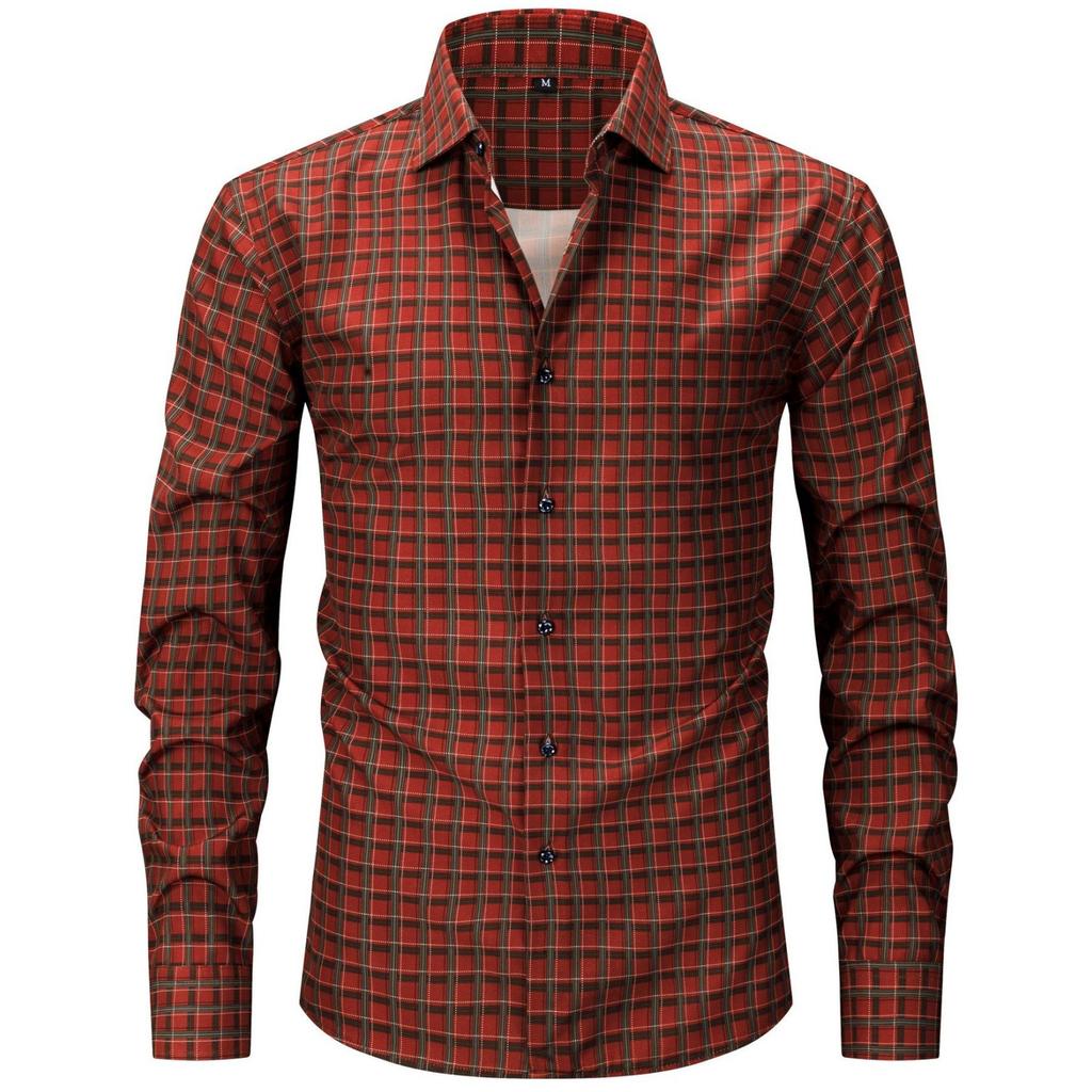 Herren Großgröße Elastisches Kariertes Gestreiftes Langarmhemd, Herren Digital Bedrucktes Hemd mit Leichtem Knopfverschluss und Eckkragen