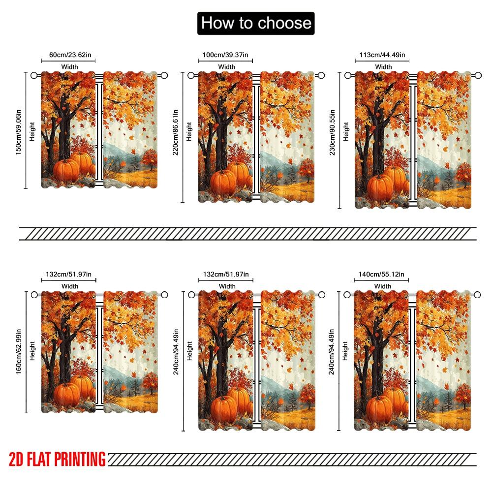Flat Printing Drapes Autumn Pumpkin Maple Leaf Versatile Durable Polyester Without Electricity Family Party Perfect Curtains Set Of 2 Made