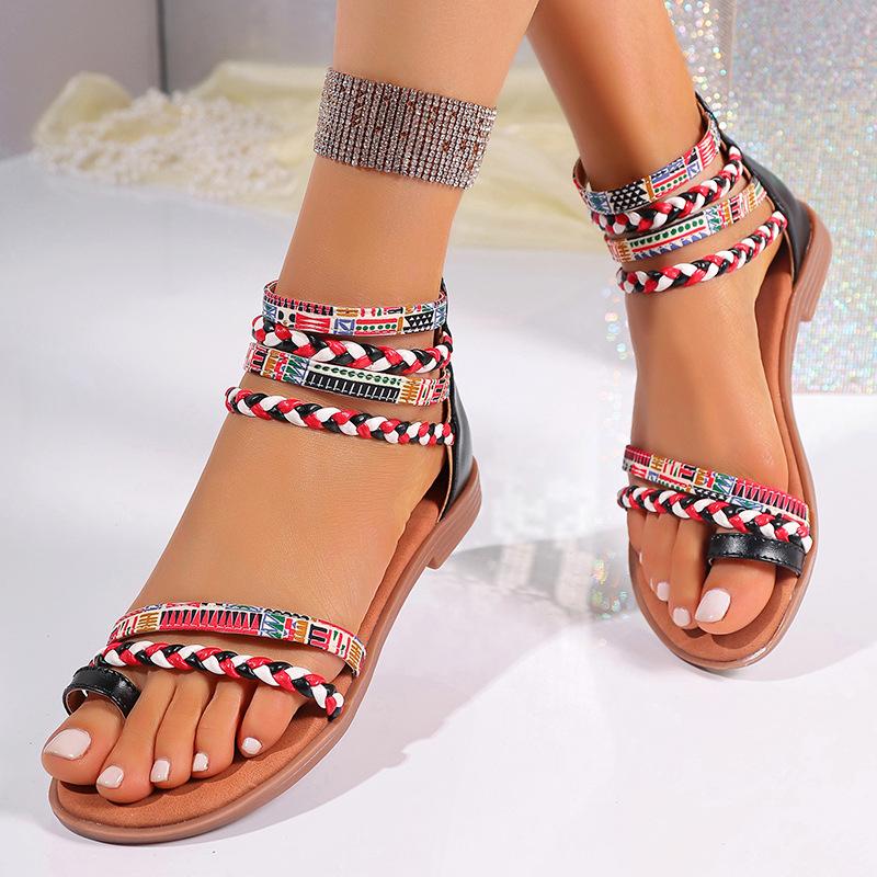Fashion 2025 Ladies Summer Fashional Bohemia Ethnic Colorful Stitching Roman Style Open Toe Zipper Women Flat Fancy Sandals Beach Shoes