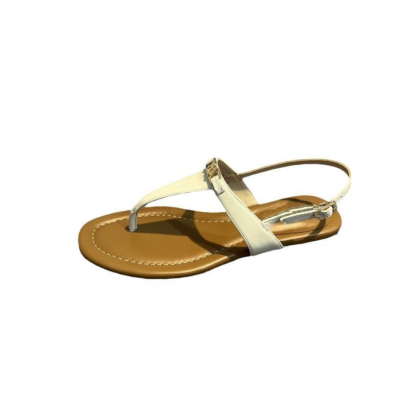 Leather retro toe Roman sandals women's 2025 summer new fashion casual flat-bottom pinch herringbone cool slippers