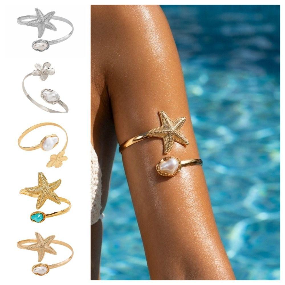 Imitation Pearl Women Bracelet Metal Armlet Jewelry Gifts Starfish Open Cuff Bangles  Travel
