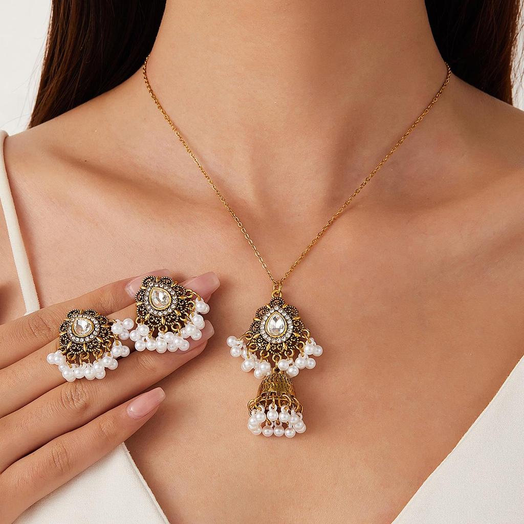 Bohemian Ethnic Rhinestone Bell & Teardrop Necklace with Pendant Earrings
