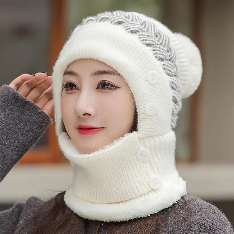 Winter Hat Women's Scarf Earmuffs Fashion Wind and Snow Scarf Integrated Hat Wool Knitted Cover Hat Thermal Ear Protection Hat