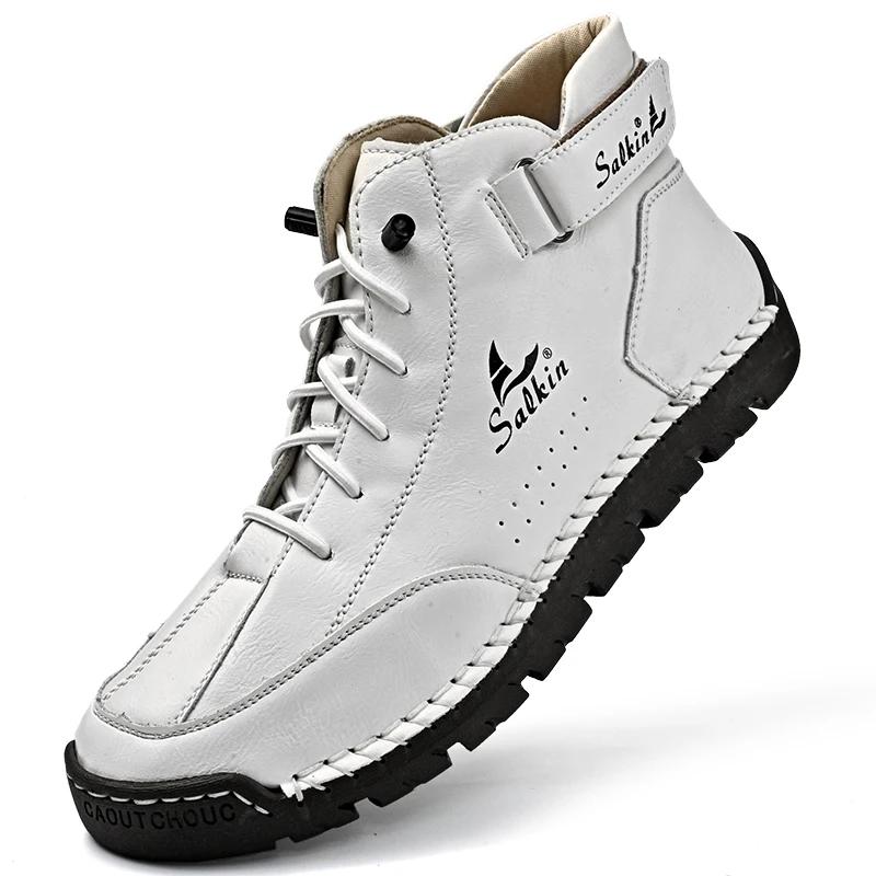 

Повседневная мужская обувь из кожи ручной работы, дизайнерские кроссовки, ботинки, мужская обувь для активного отдыха, дышащая кожаная обувь, мужские ботильоны, дышащие лодки 46 белый