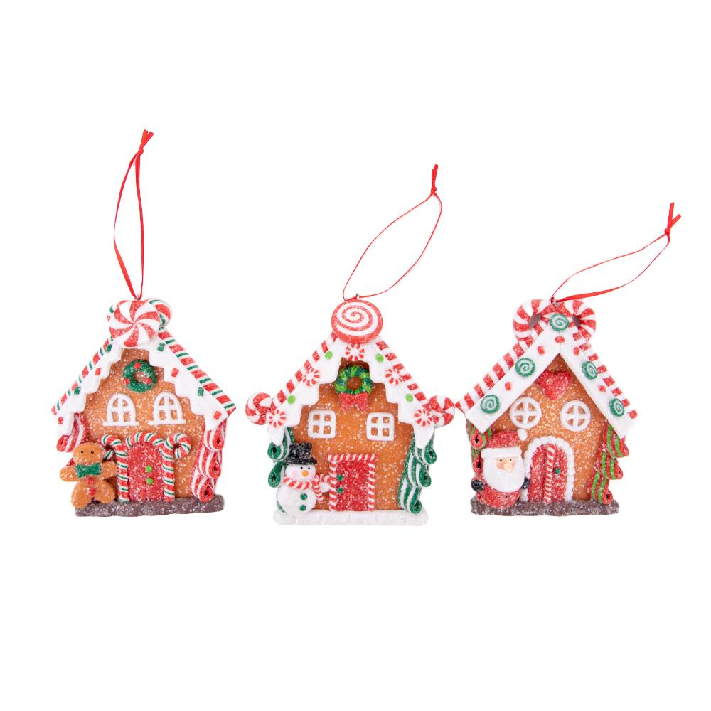 Christmas Polymer Clay Gingerbread House Ornaments, Xmas Tree Hanging Decorations (3 Pieces Per Set)