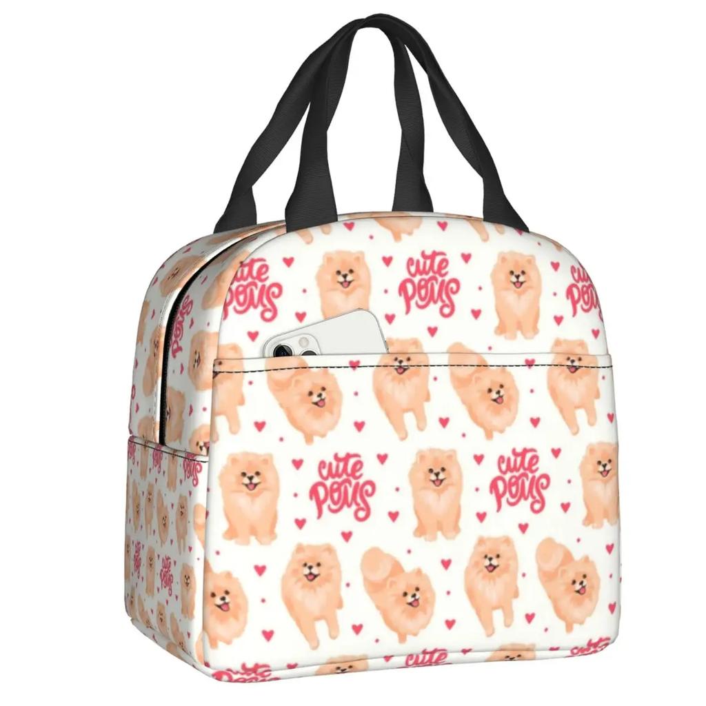 Kreslený Pomořanský obědový boxy Ženy Multifunkční špic pes Termotaška Chladicí taška na jídlo Izolovaná obědová taška Kancelářská práce