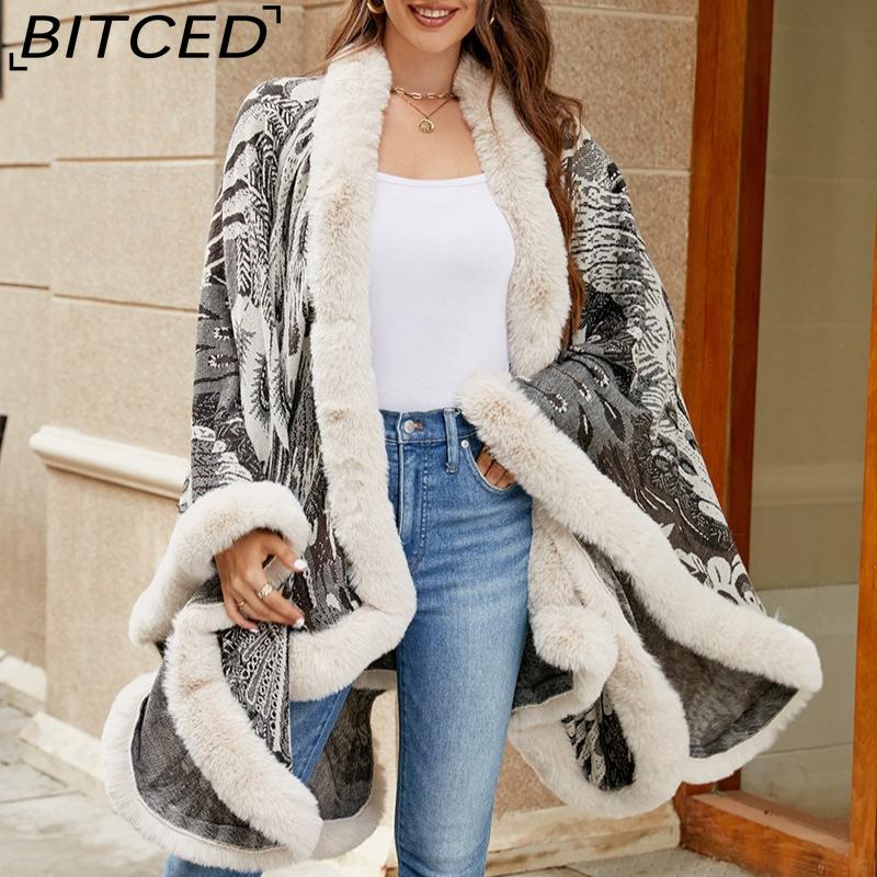BITCED Autumn/Winter Peacock Flower Knitted Cape for Women - Thickened Warmth Shawl