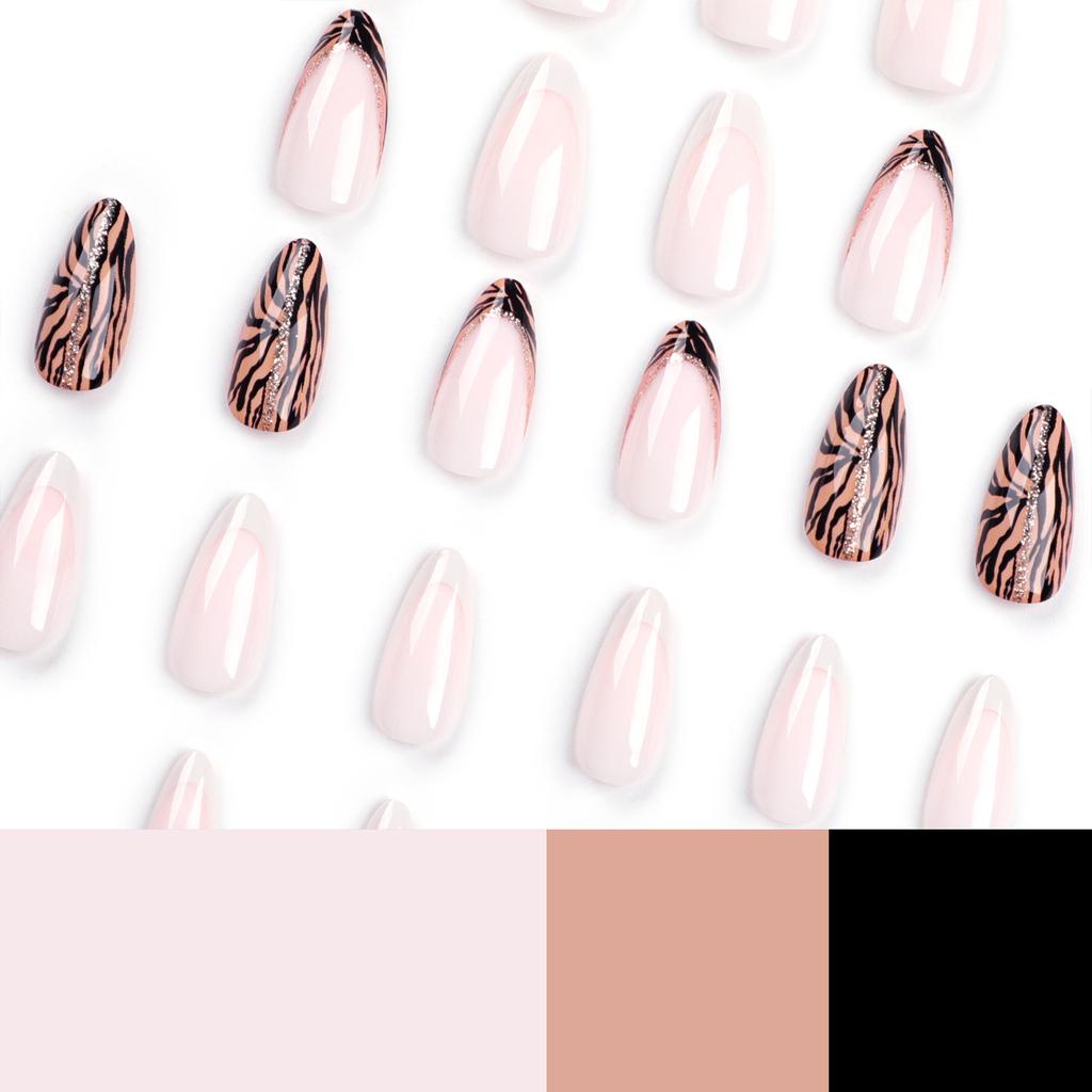 24 Pieces Nude French White Edge Manicure Piece Simple Zebra Pattern Nail Short Almond Nail Piece