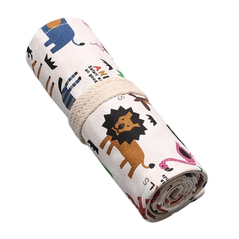 12/24/36/48 Holes Multifunctional Pencil Bag Canvas Pencil Case Lovely Animal Pencil Roll Canvas Pencil Wrap for Artists